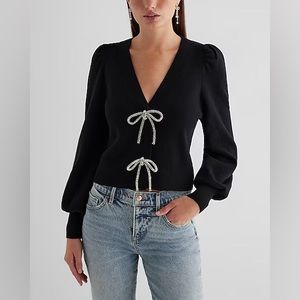 New! SOLDOUT EXPRESS V-Neck Embellished Rhinestone Bow Cardigan